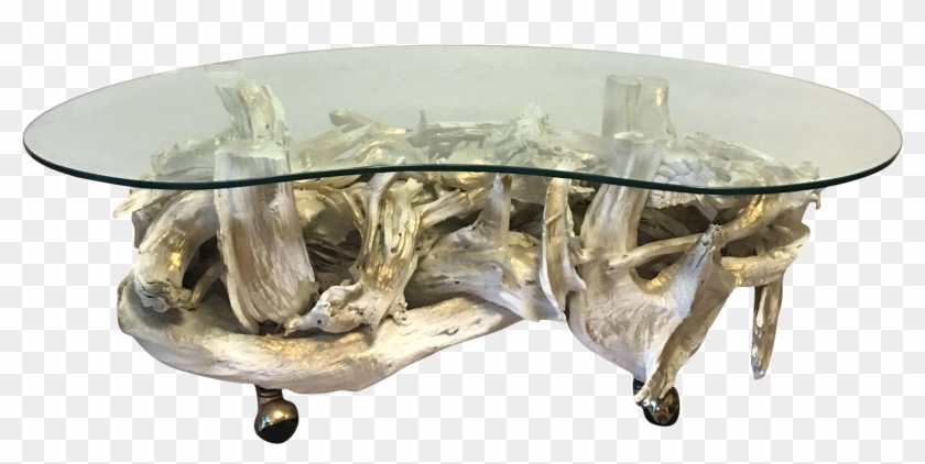 1970's White & Gold Driftwood Table With Glass Top - Coffee Table Clipart